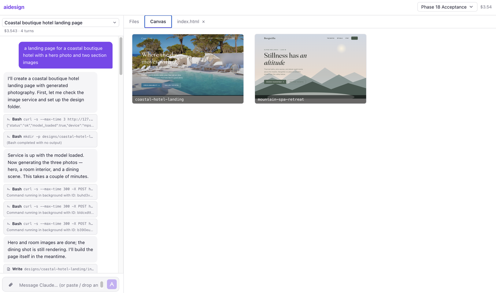 The aidesign project canvas showing two generated designs as live thumbnails next to the chat panel