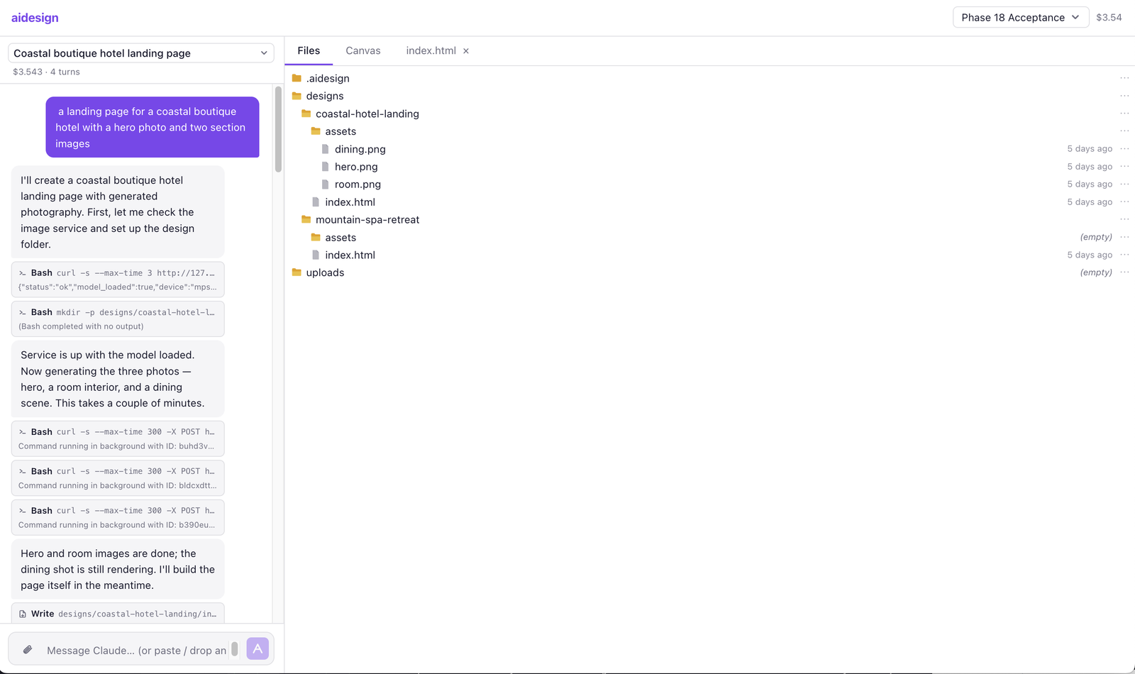 The aidesign file browser showing the project's folder tree with designs and generated image assets