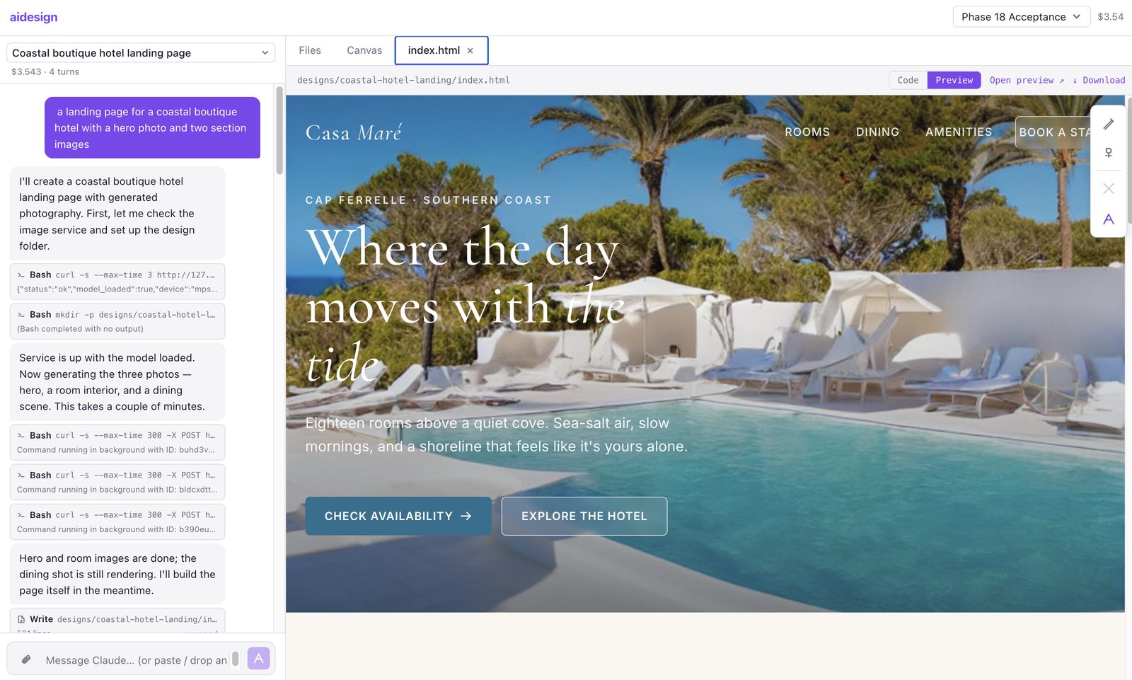 A finished coastal boutique hotel landing page in an aidesign live preview tab, with the generating chat on the left